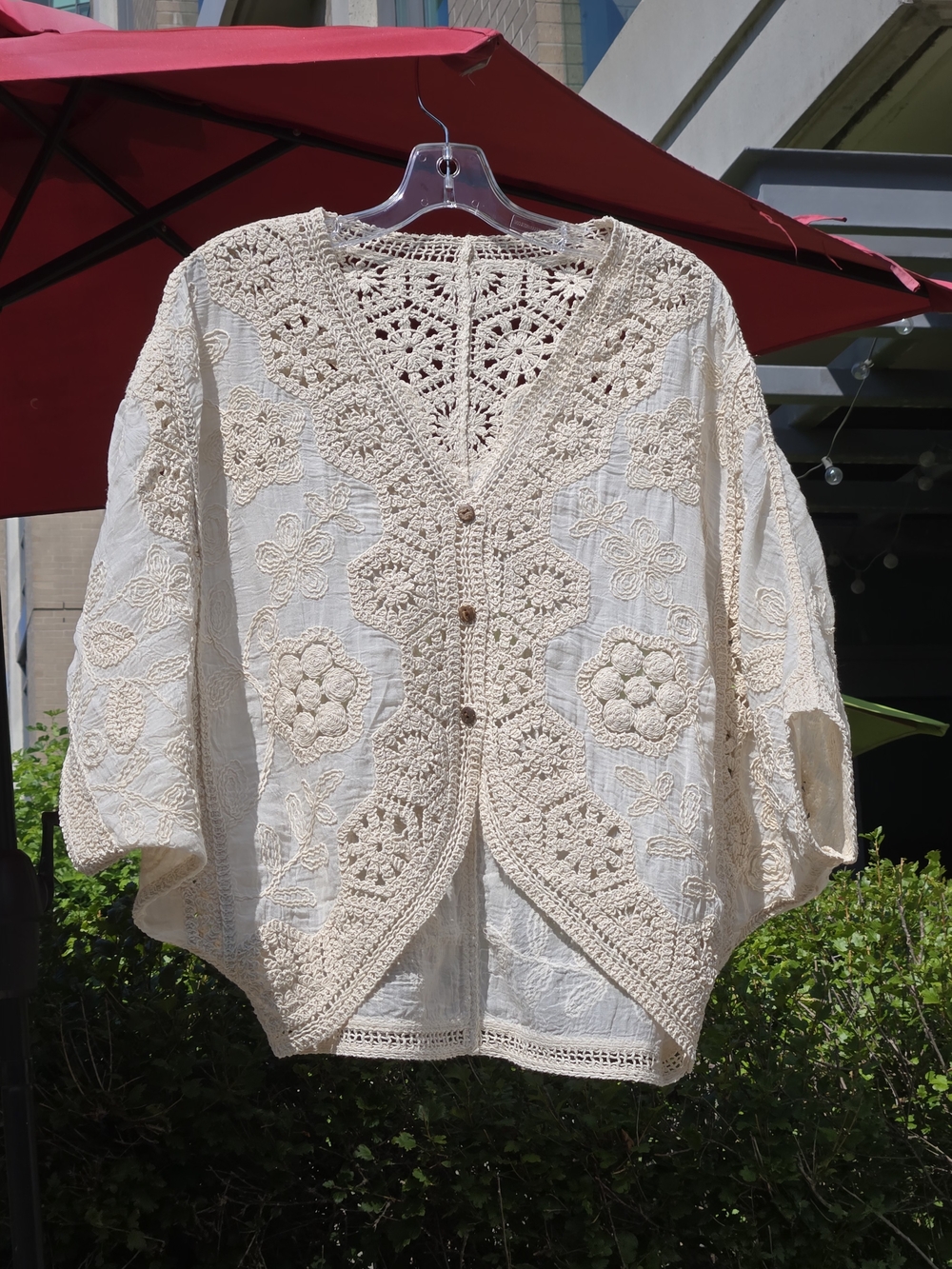 Hand Crafted Cotton Cream Crochet Button-Front Crop Top US M